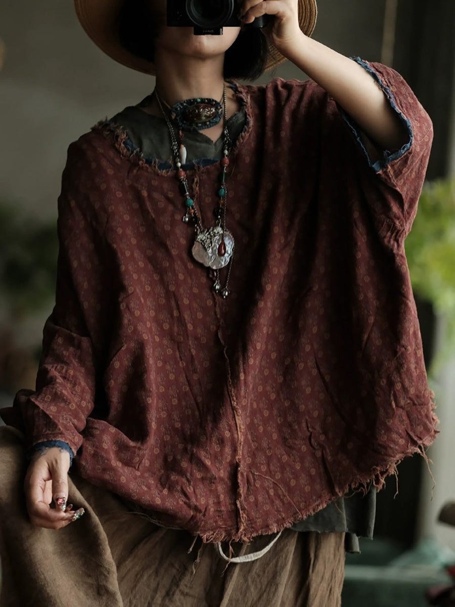 Women Autumn Retro Print O-Neck Raw-edge Cotton Shirt