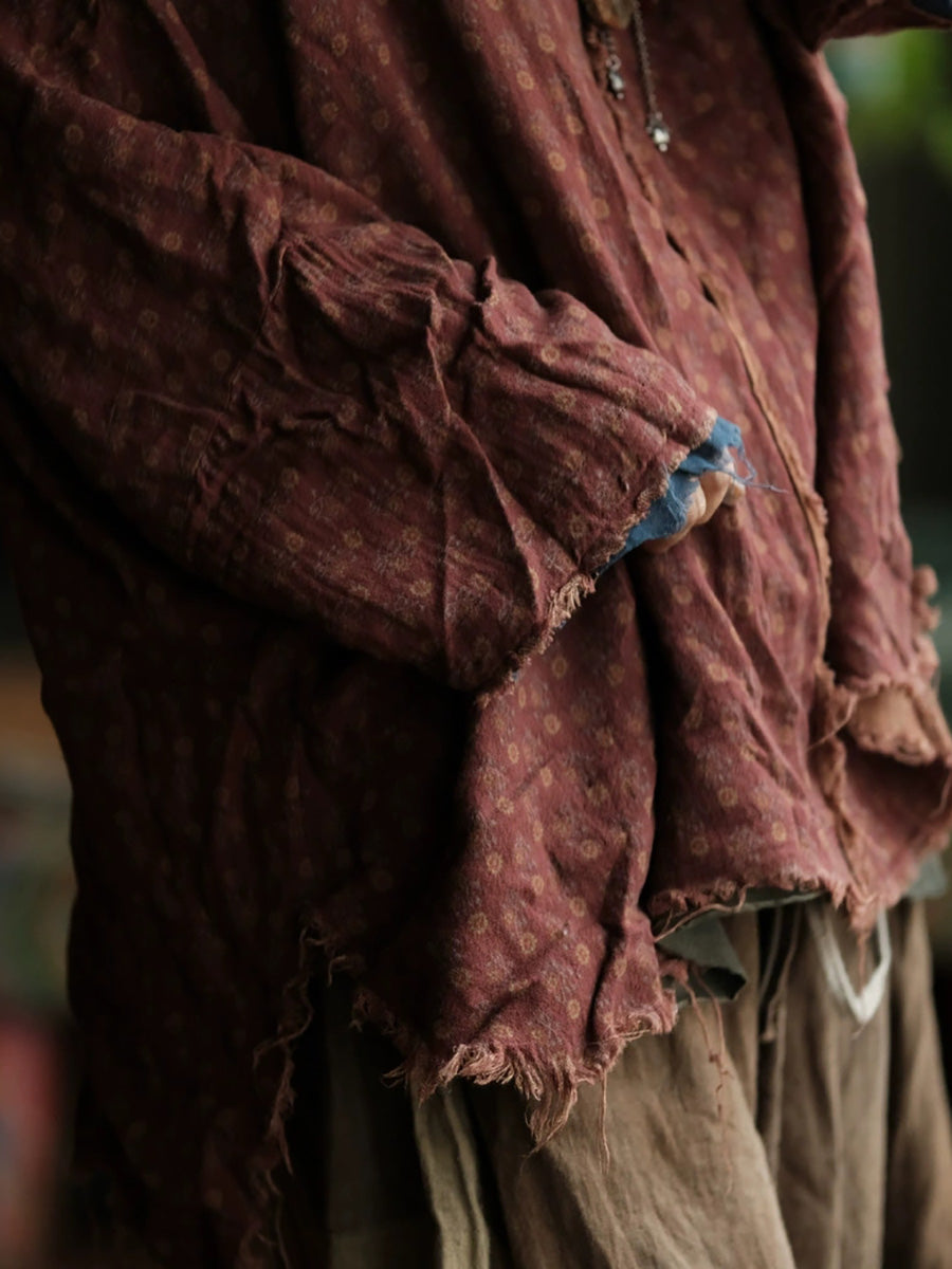 Women Autumn Retro Print O-Neck Raw-edge Cotton Shirt