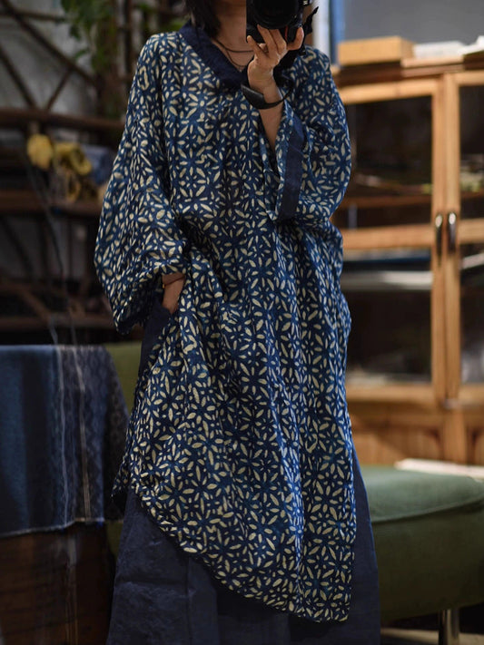 Women Autumn Retro Flower Spliced V-Neck Ramie Dress