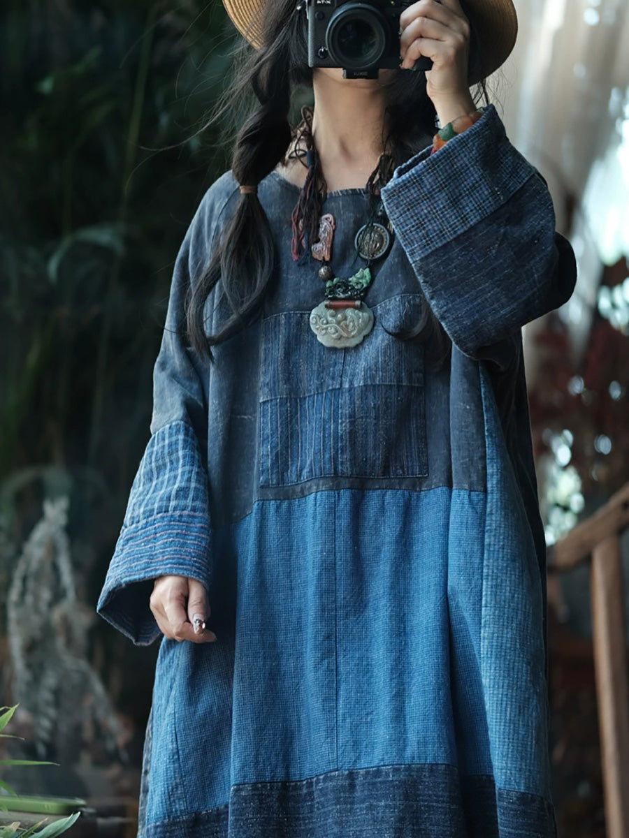 Women Autumn Retro Patchwork O-Neck Cotton Dress