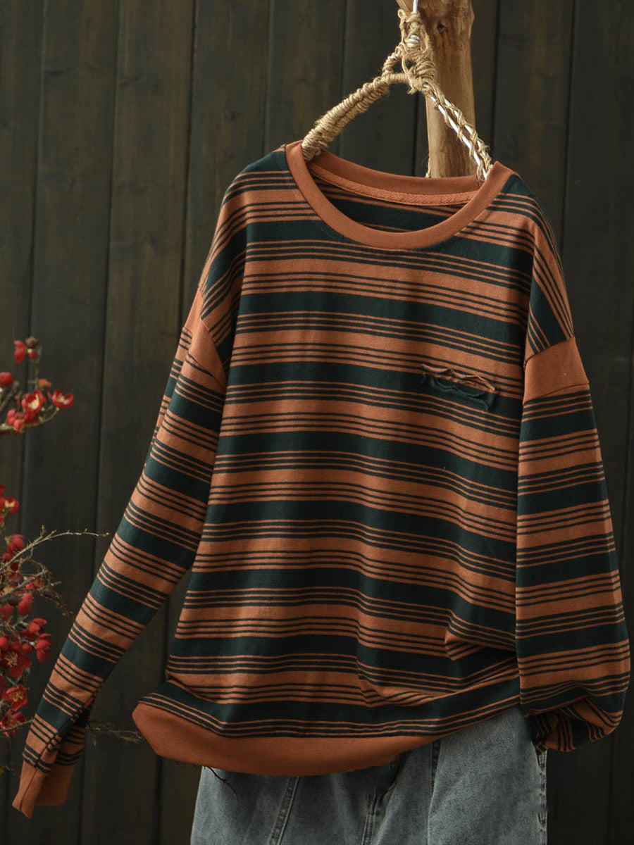 Women Autumn Casual Stripe O-Neck Blouse