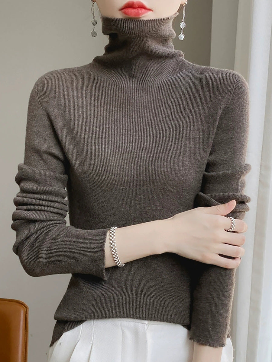 Women Autumn Casual Pure Color Knitted Turtleneck Sweater