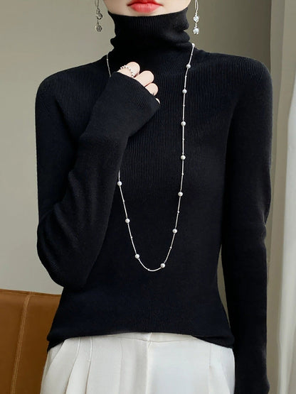 Women Autumn Casual Pure Color Knitted Turtleneck Sweater