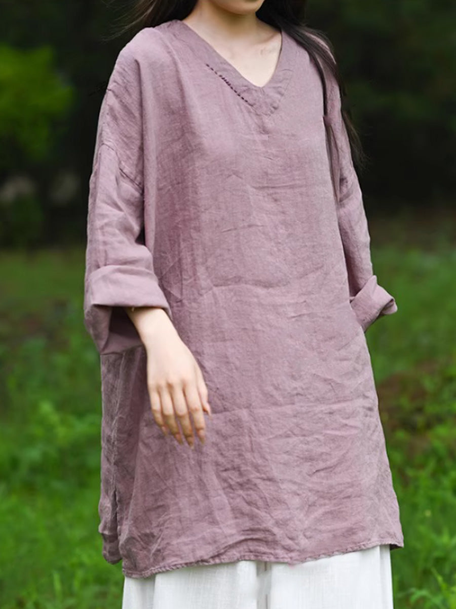 Women Autumn Retro Pure Color V-Neck 100%Linen Shirt
