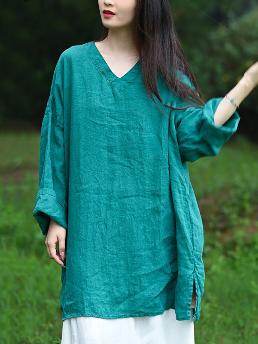 Women Autumn Retro Pure Color V-Neck 100%Linen Shirt