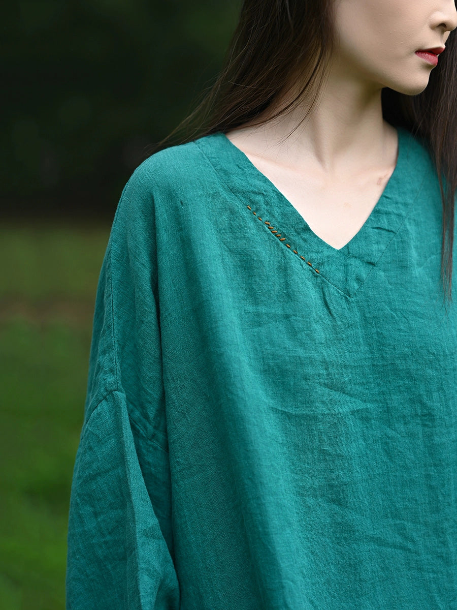 Women Autumn Retro Pure Color V-Neck 100%Linen Shirt