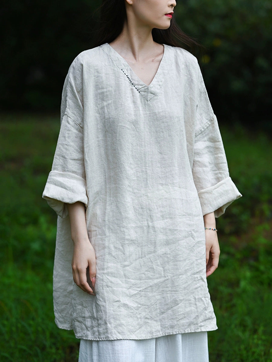 Women Autumn Retro Pure Color V-Neck 100%Linen Shirt