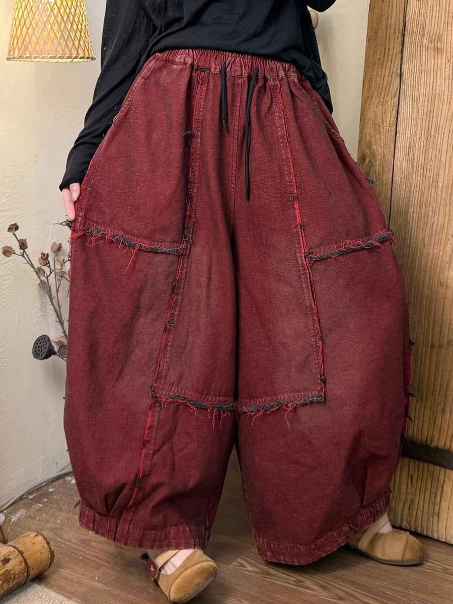 Women Autumn Retro Pure Color Spliced Denim Pants