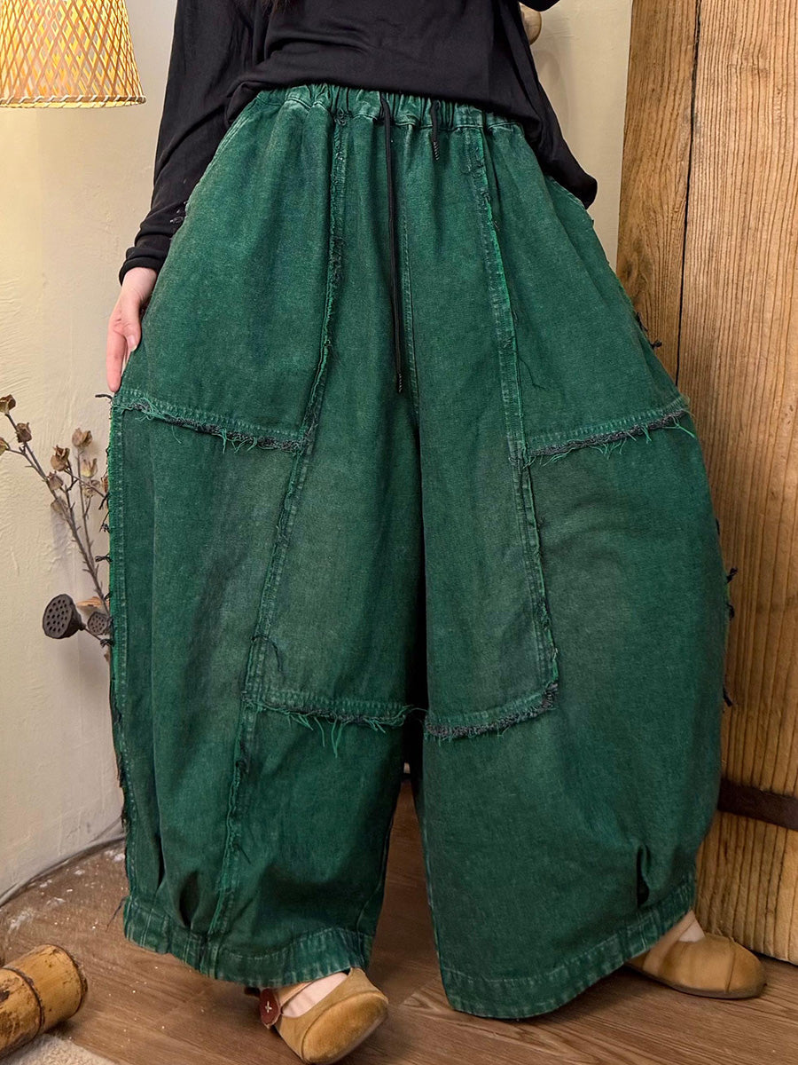 Women Autumn Retro Pure Color Spliced Denim Pants