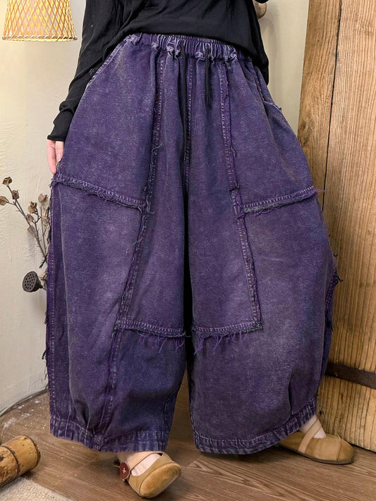 Women Autumn Retro Pure Color Spliced Denim Pants