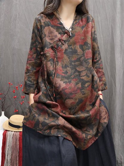 Women Autumn Retro Flower 100%Linen V-Neck Shirt