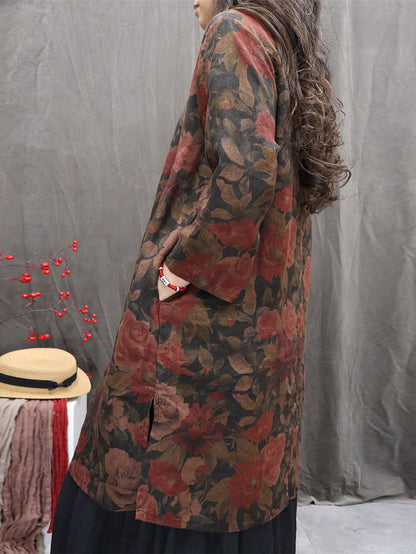 Women Autumn Retro Flower 100%Linen V-Neck Shirt