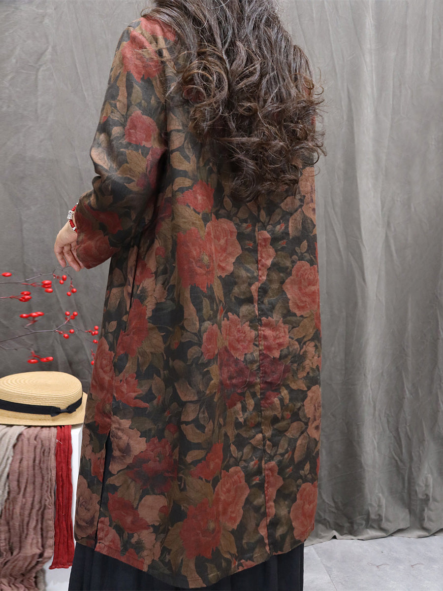 Women Autumn Retro Flower 100%Linen V-Neck Shirt