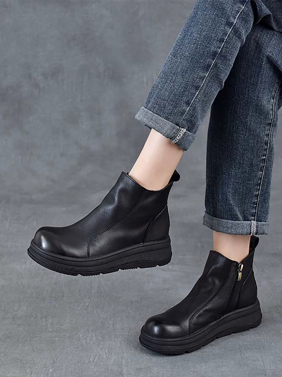 Women Winter Pure Color Leather Platform Chelsea Boots