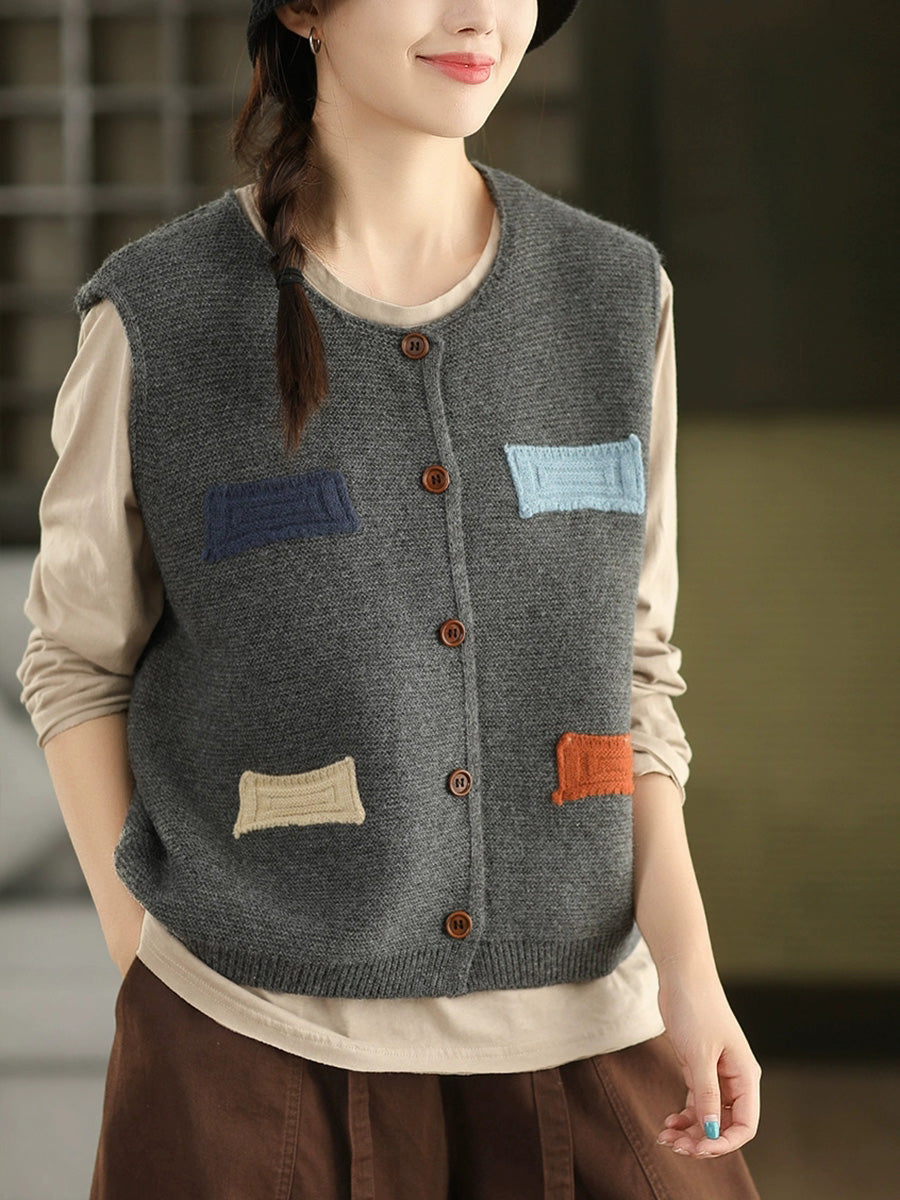 Women Autumn Artsy Patch O-Neck Knitted 100%Cotton Vest