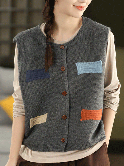 Women Autumn Artsy Patch O-Neck Knitted 100%Cotton Vest