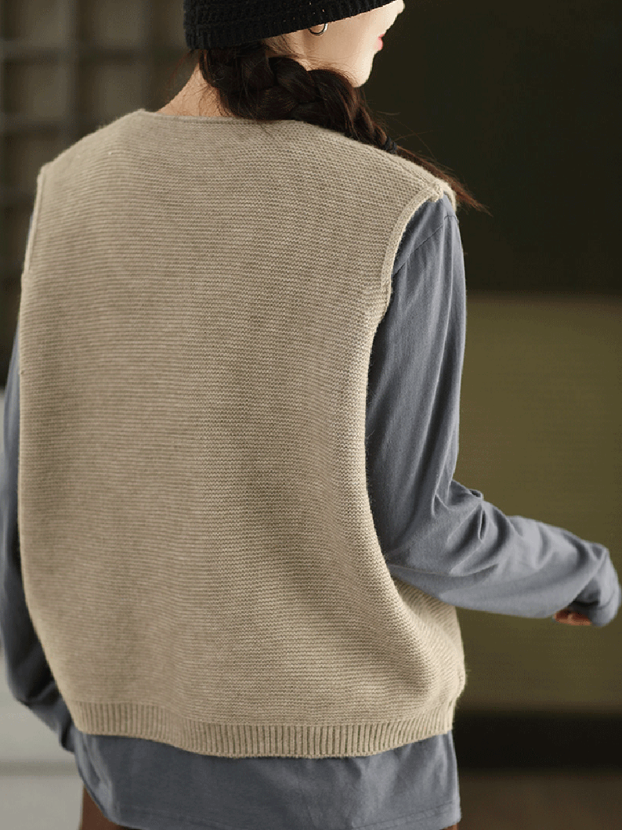 Women Autumn Artsy Patch O-Neck Knitted 100%Cotton Vest