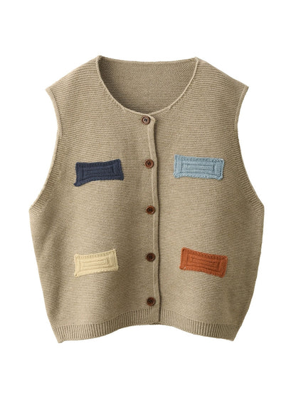 Women Autumn Artsy Patch O-Neck Knitted 100%Cotton Vest
