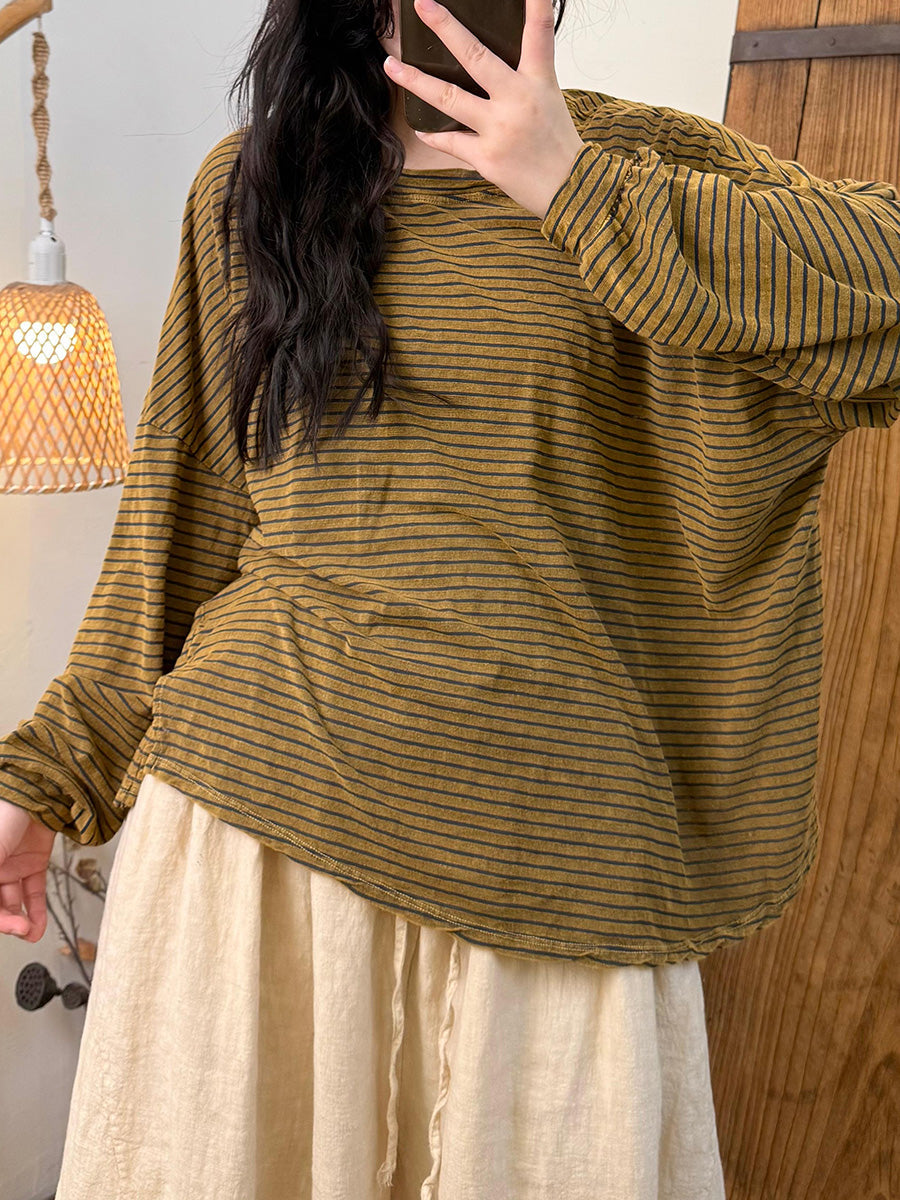 Women Autumn Retro Stripe O-Neck Loose Shirt