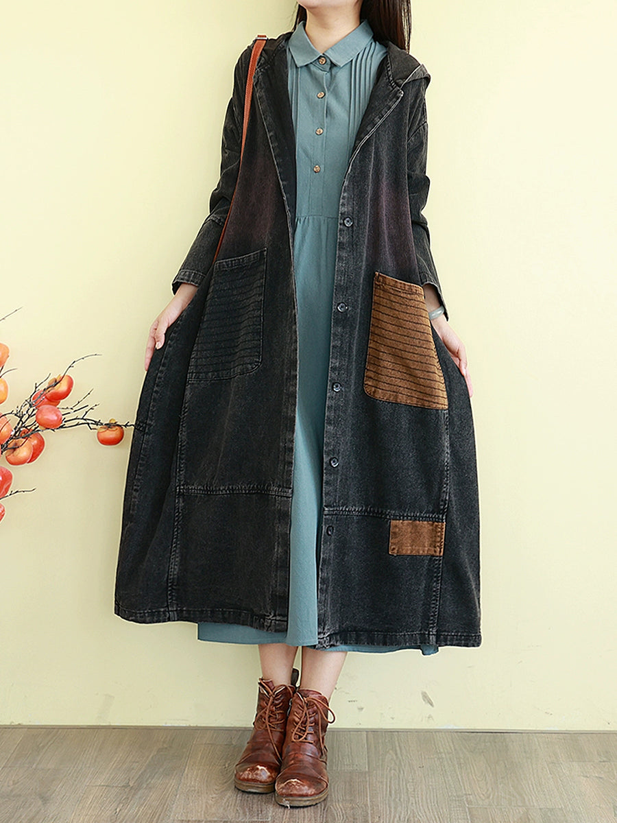 Women Autumn Denim Colorblock Hooded Long Coat