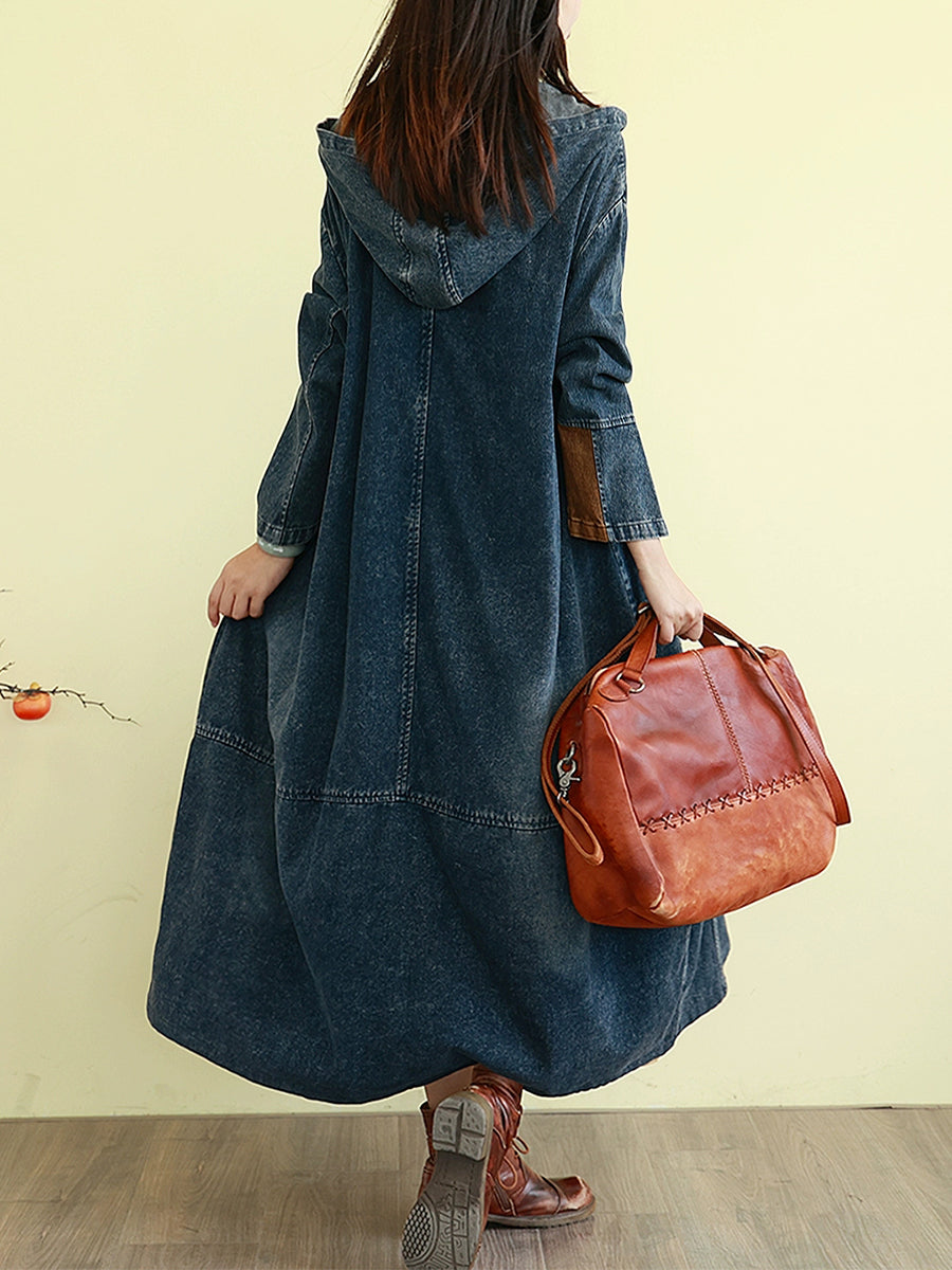 Women Autumn Denim Colorblock Hooded Long Coat