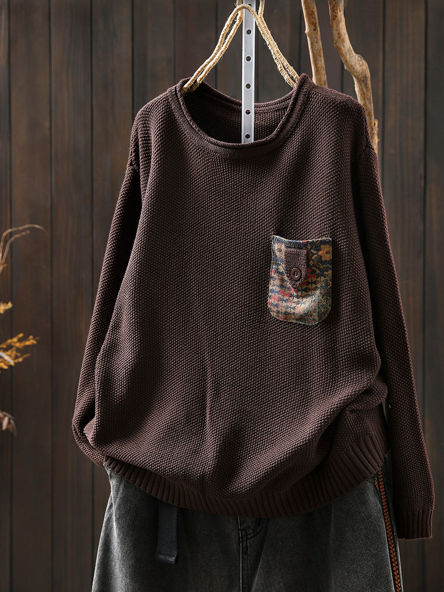Women Autumn Artsy Patch Pocket Knitted O-Neck Sweater