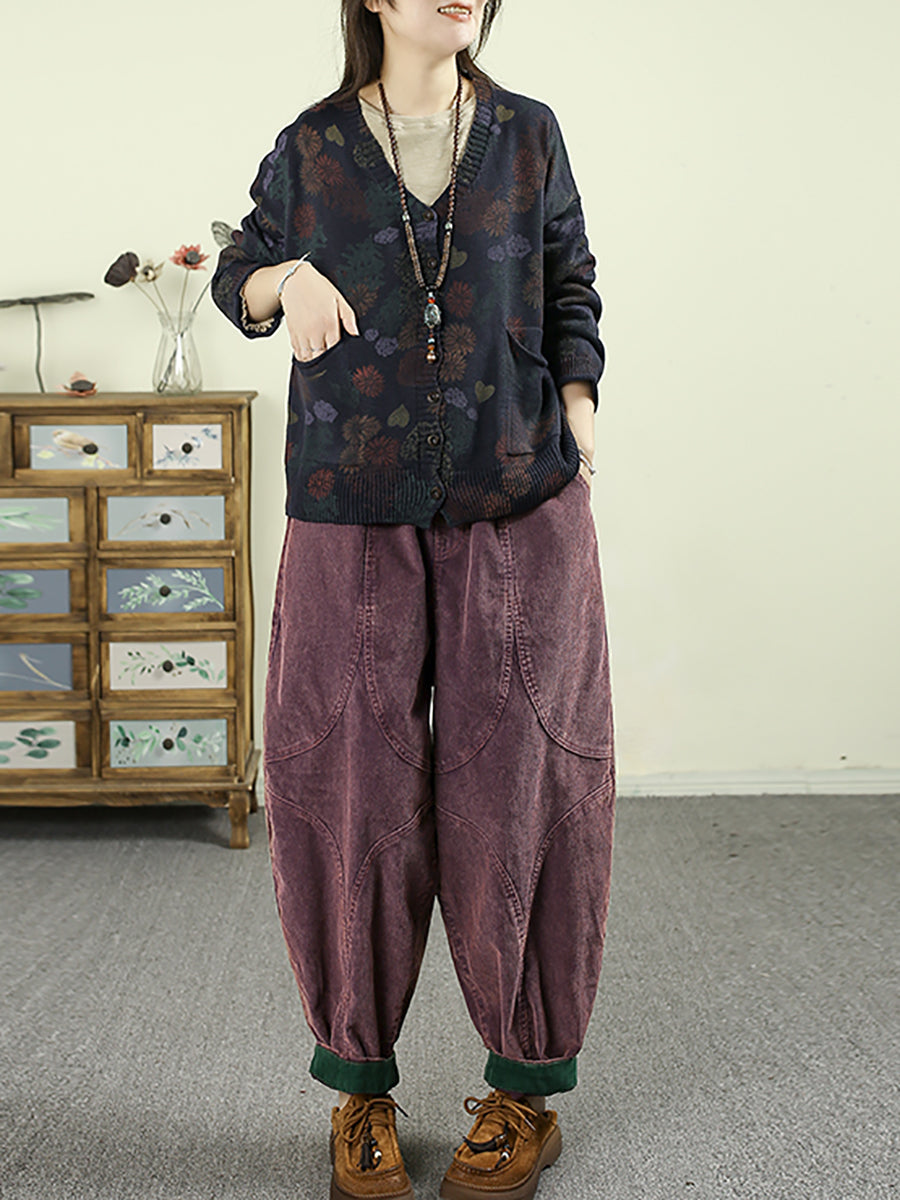 Women Autumn Retro Pure Color Croduroy Harem Pants