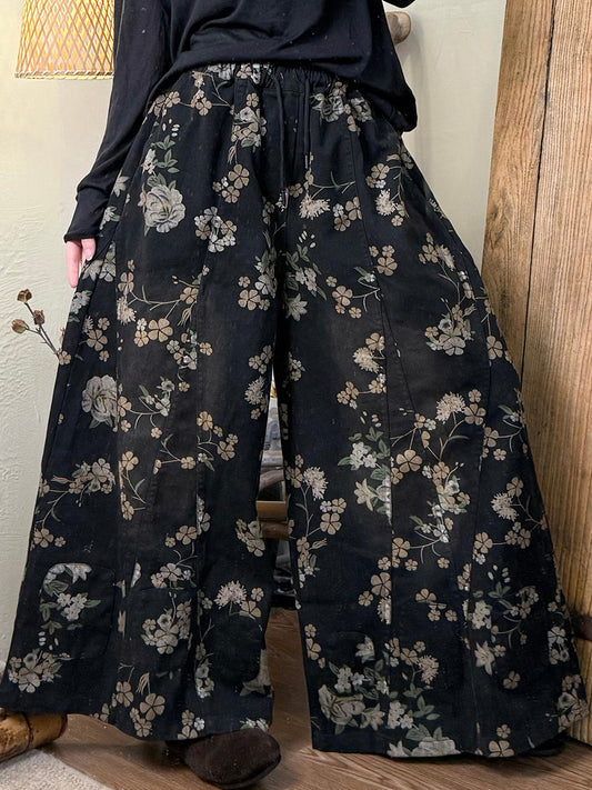 Women Autumn Retro Flower Denim Wide-leg Pants