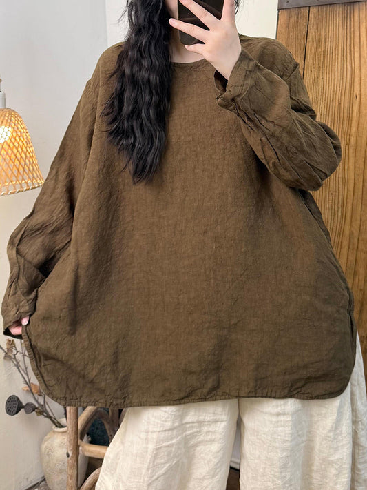 Women Autumn Retro Pure Color O-Neck Linen Shirt