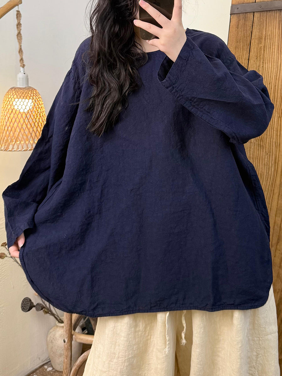 Women Autumn Retro Pure Color O-Neck Linen Shirt