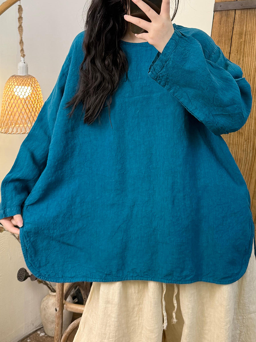 Women Autumn Retro Pure Color O-Neck Linen Shirt