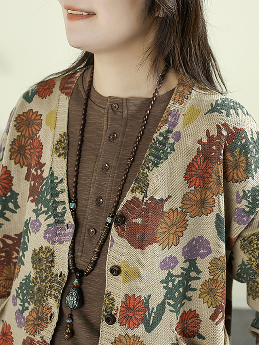 Women Autumn Artsy Flower Knitted V-Neck Sweater