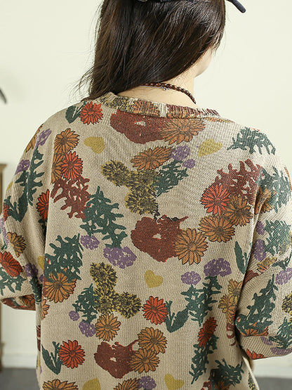 Women Autumn Artsy Flower Knitted V-Neck Sweater