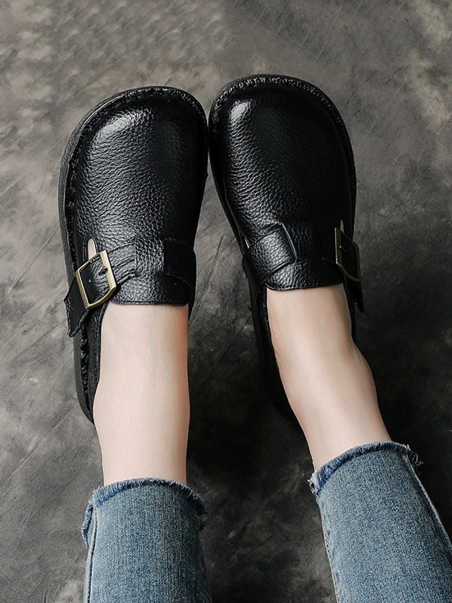 Women Casual Pure Color Leather Low Heel Shoes