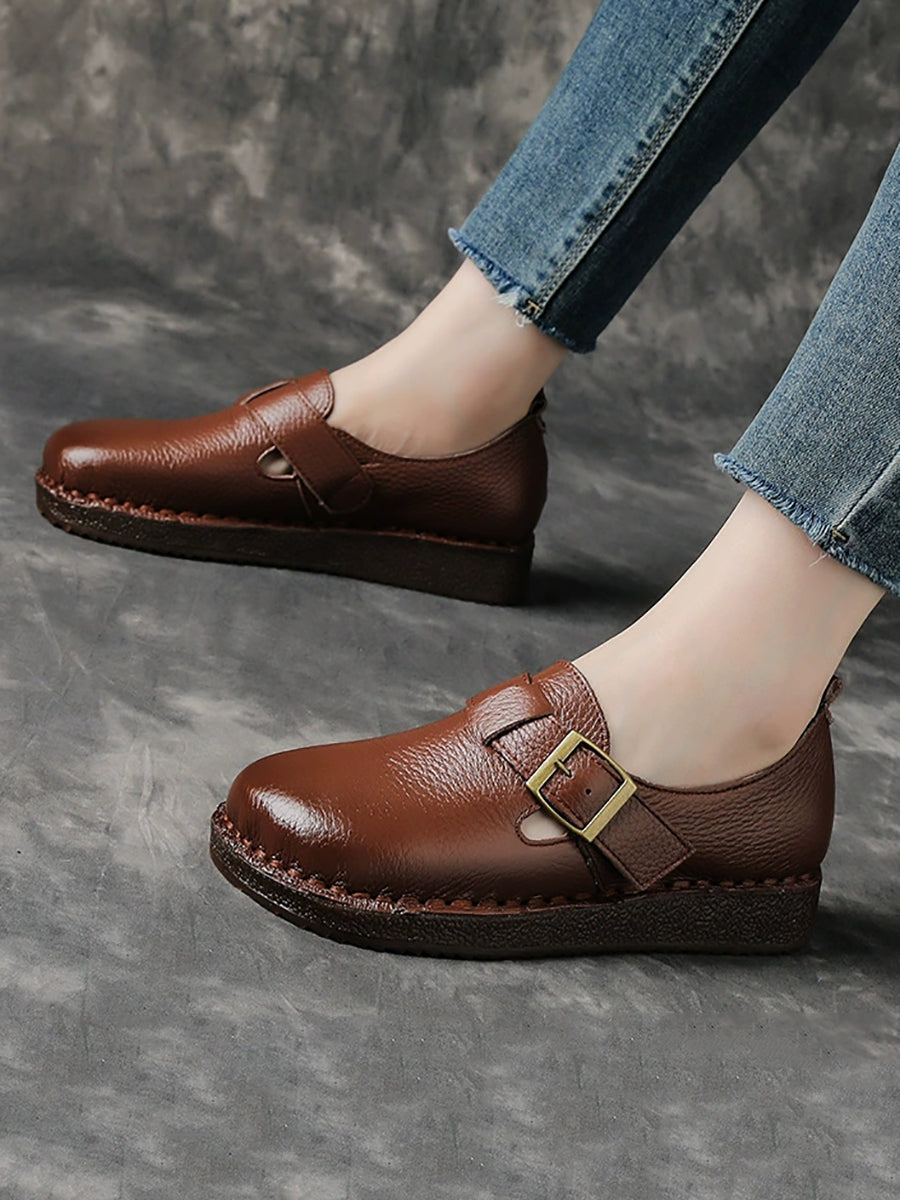Women Casual Pure Color Leather Low Heel Shoes