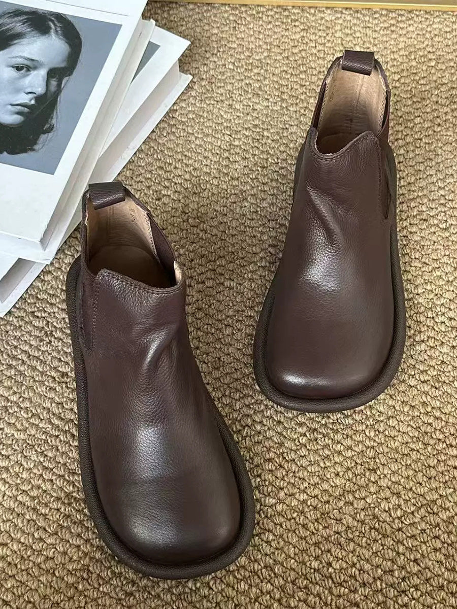 Women Autumn Pure Color Soft Leather Flat Boots