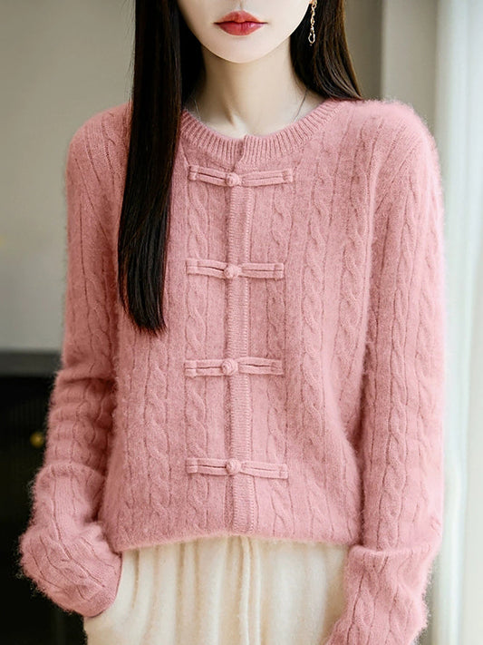 Women Autumn Vintage Pure Color Wool O-Neck Sweater
