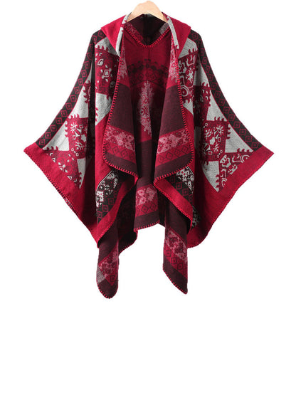 Ethnic Geometric Winter Warm Hooded Shawl