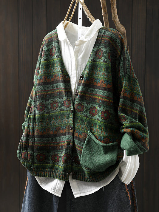 Women Autumn Retro Flower Stripe V-Neck Knitted Sweater