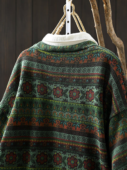 Women Autumn Retro Flower Stripe V-Neck Knitted Sweater
