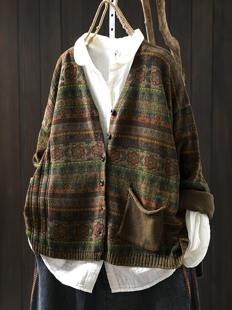 Women Autumn Retro Flower Stripe V-Neck Knitted Sweater