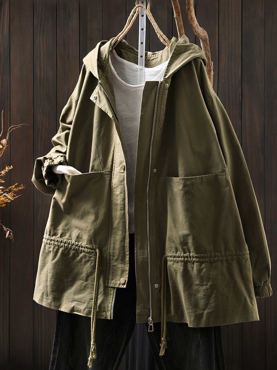 Women Autumn Casual Pure Color Hooded Cotton Jacket