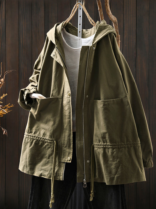 Women Autumn Casual Pure Color Hooded Cotton Jacket