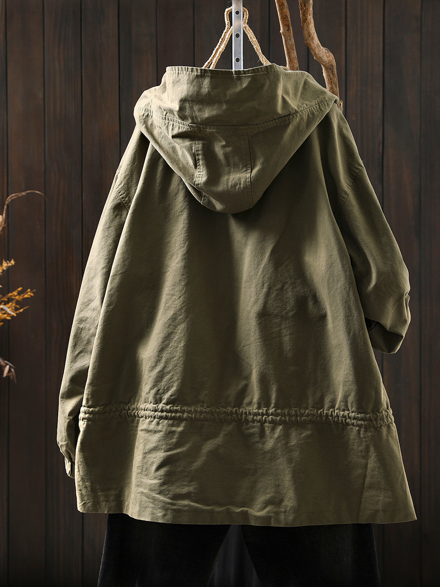 Women Autumn Casual Pure Color Hooded Cotton Jacket