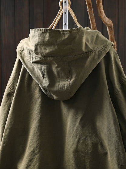 Women Autumn Casual Pure Color Hooded Cotton Jacket