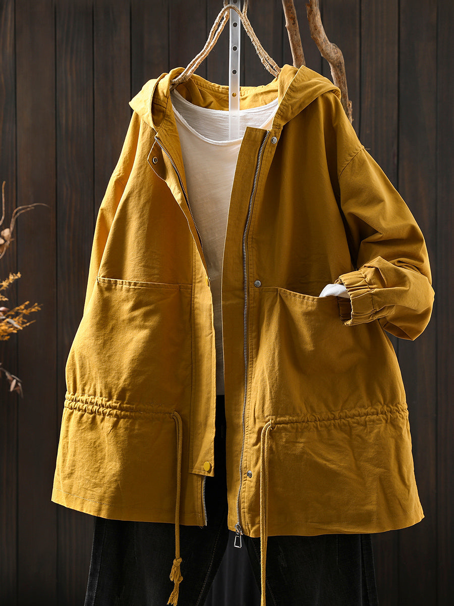 Women Autumn Casual Pure Color Hooded Cotton Jacket