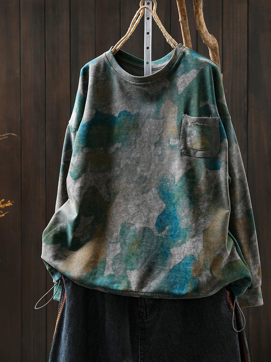 Women Autumn Fashion Tie-dye O-Neck 100%Cotton Blouse