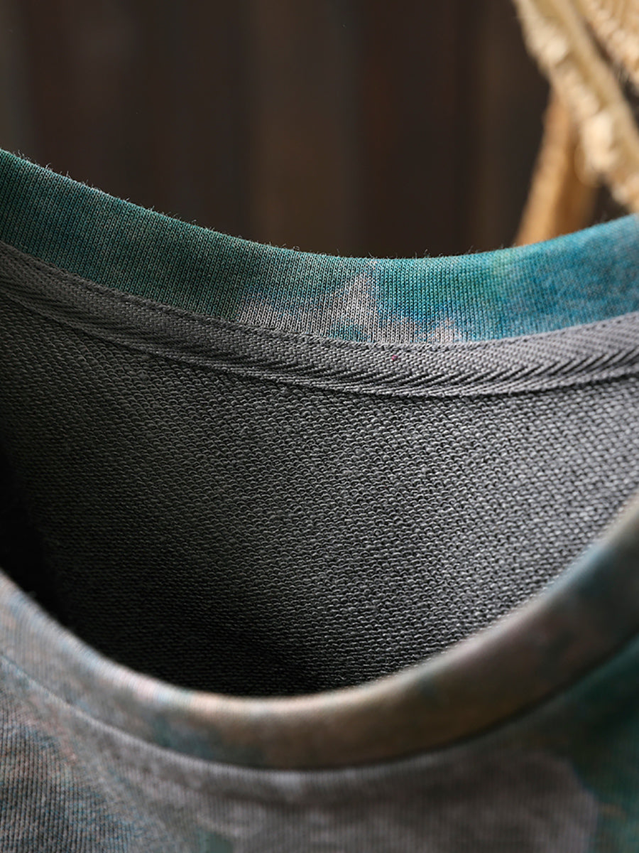 Women Autumn Fashion Tie-dye O-Neck 100%Cotton Blouse