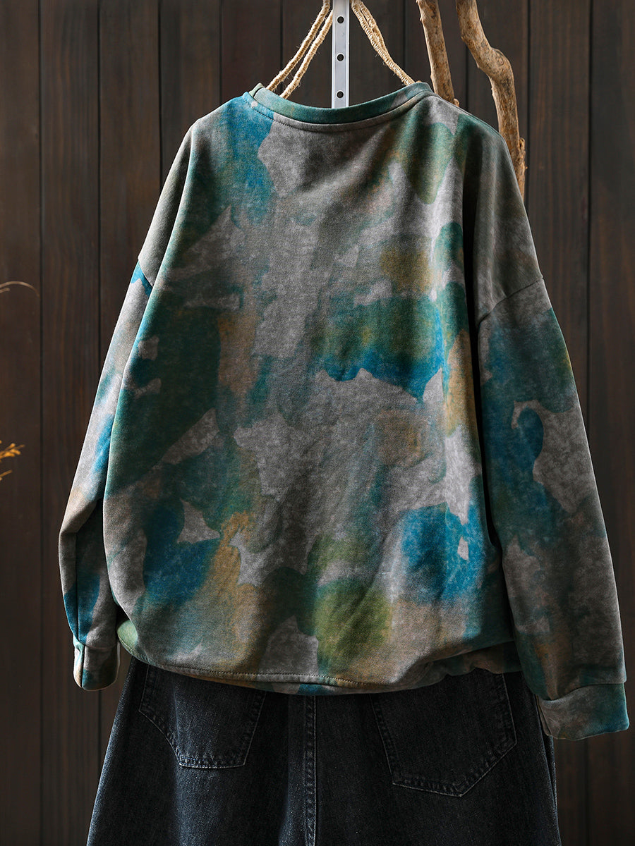 Women Autumn Fashion Tie-dye O-Neck 100%Cotton Blouse