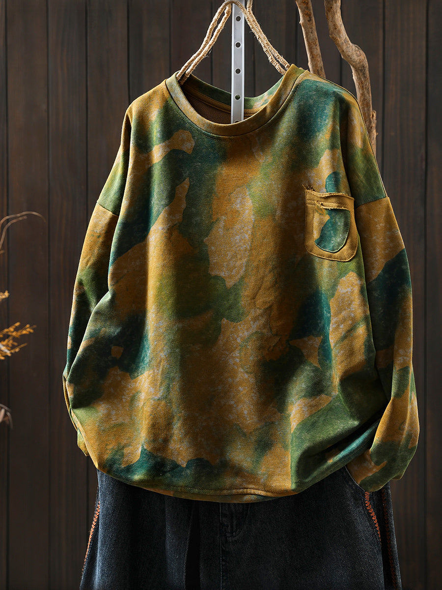 Women Autumn Fashion Tie-dye O-Neck 100%Cotton Blouse